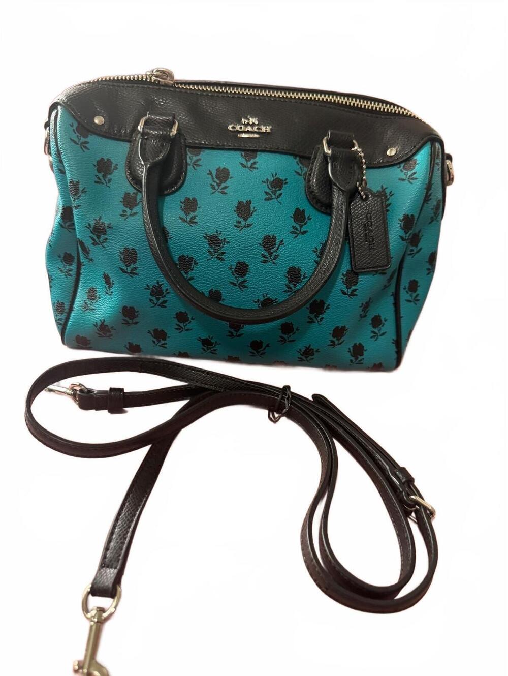 C33. Coach Mini Bennette Rose Blue Leather Floral Double Handles Satchel Bag